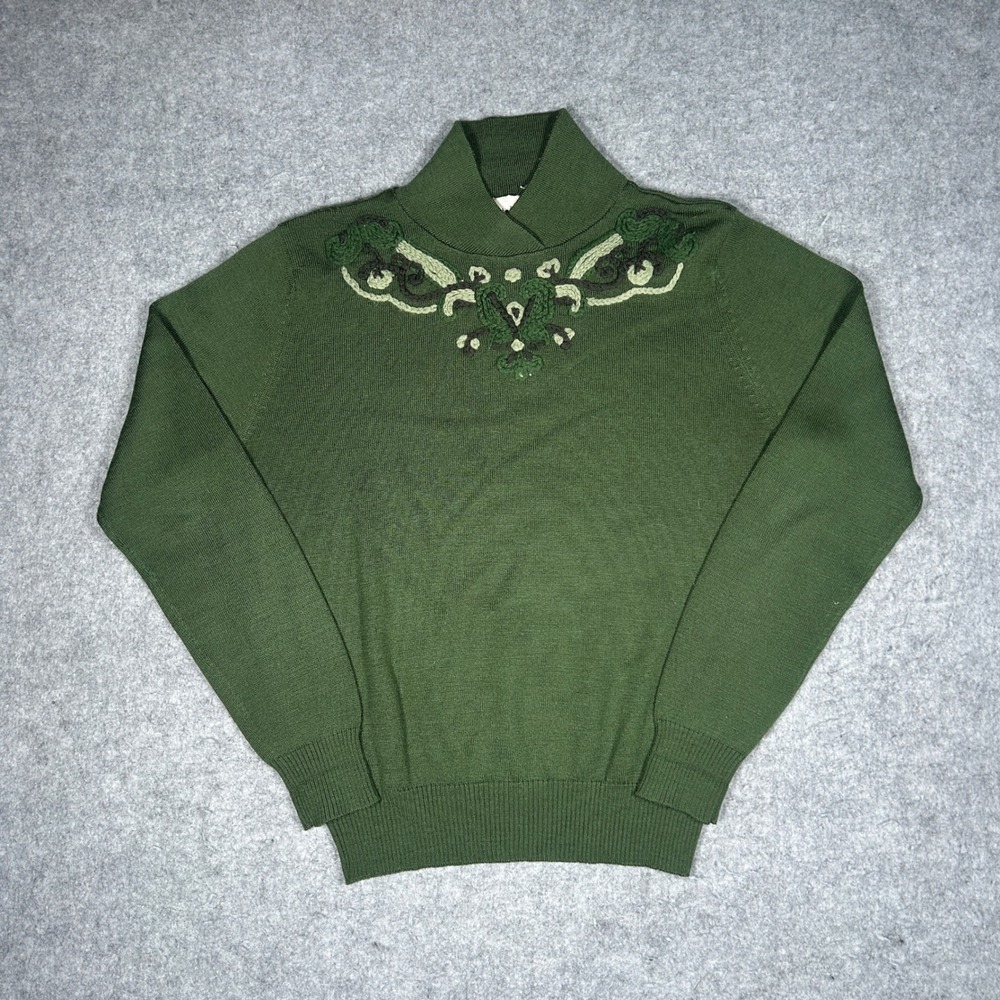 White Stag sweater Women small Green embroidered shawl collar knit cottagecore